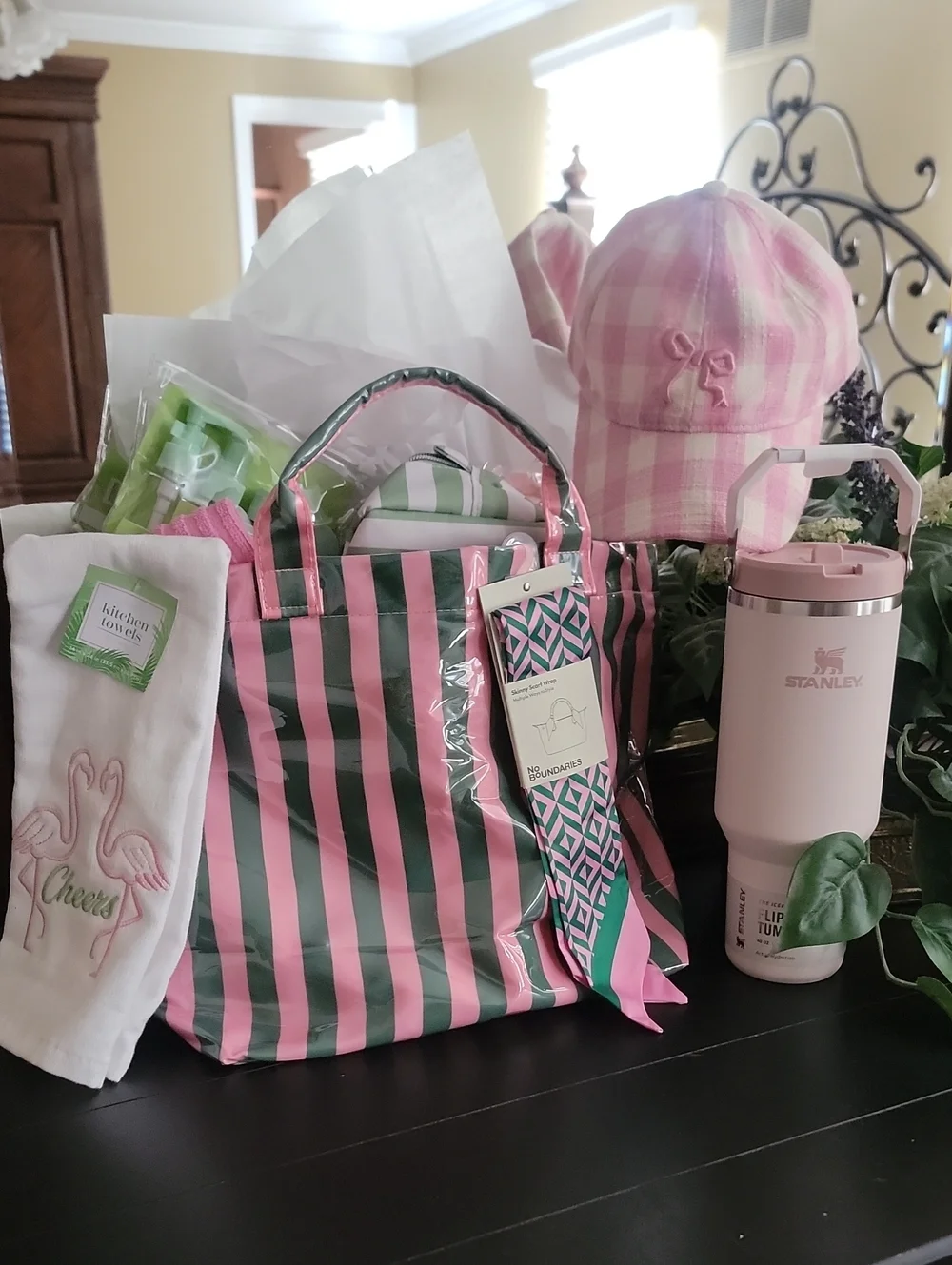 GIFT TOTE Pink and Green Striped Tote with Pale Pink Stanley Tumbler Flamingo